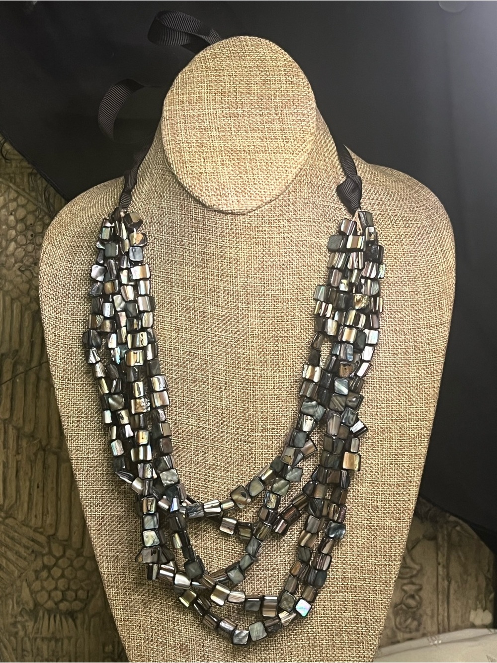 2000s Multi Strand Iridescent Black Mother of Pearl Abalone Shell Tile Necklace